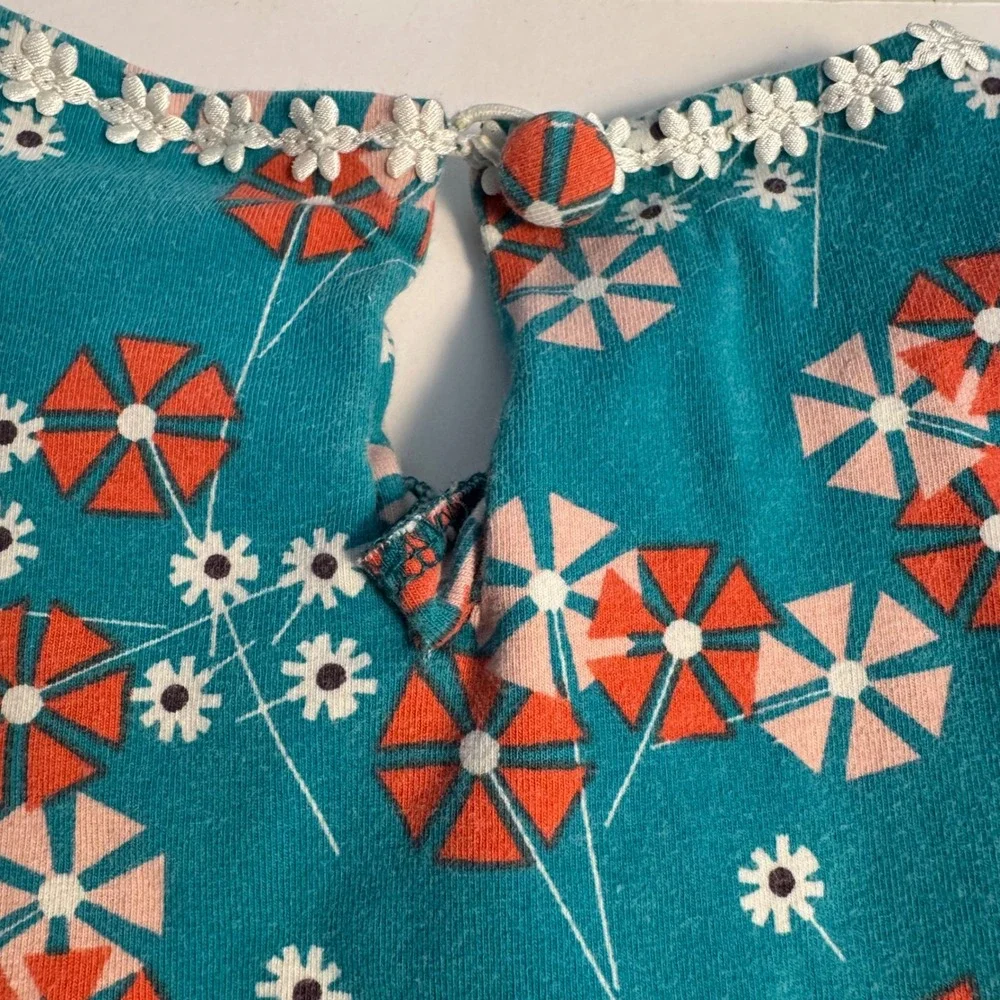 Llum Girls Teal Blue Floral Bell Sleeve Lace Trim Knit Dress Size 10